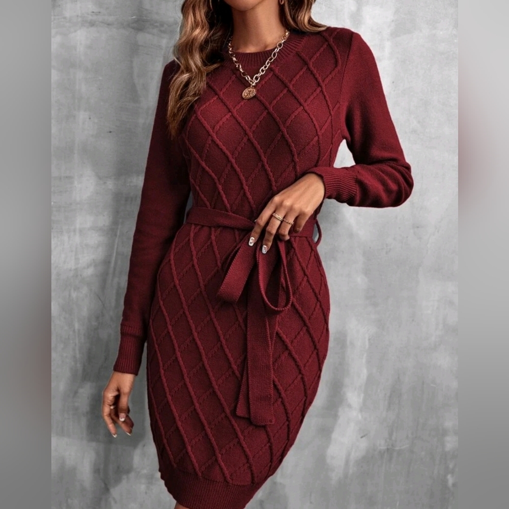 New Chic Textured Argyle Knit Sweater Dress Belt Long Sleeve Burgundy Red - Picture 2 of 9
